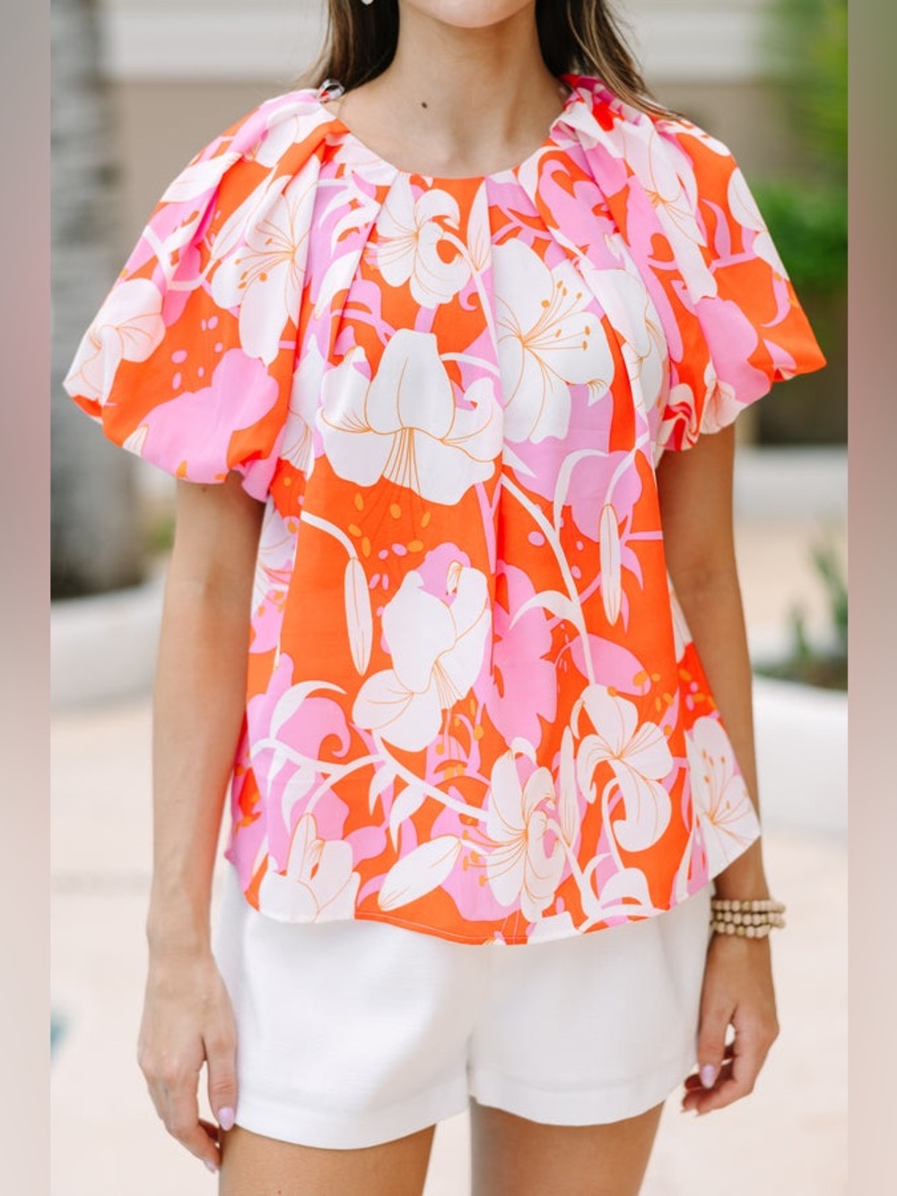 Entro It’s All For You Pink Tropical Floral Puff Sleeve Blouse Large